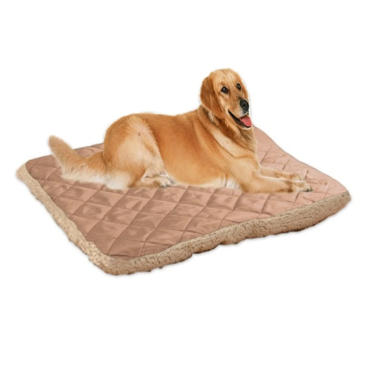 Golden retriever resting on a light coffee tan quilted pet bed mat with plush fleece edge