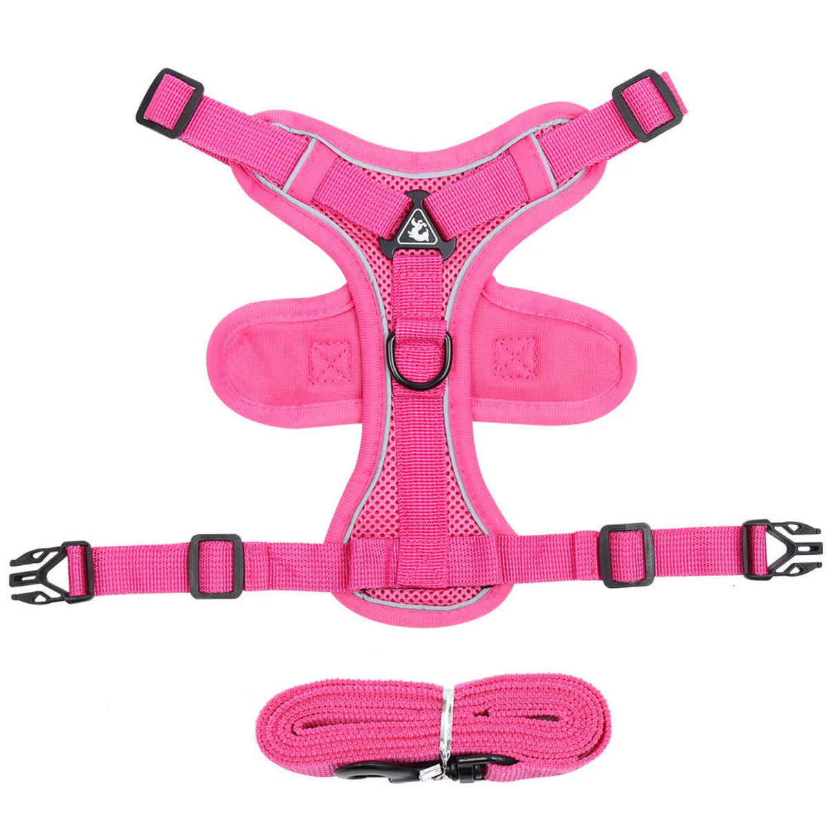 Rose pink mesh cat harness flat lay with matching leash