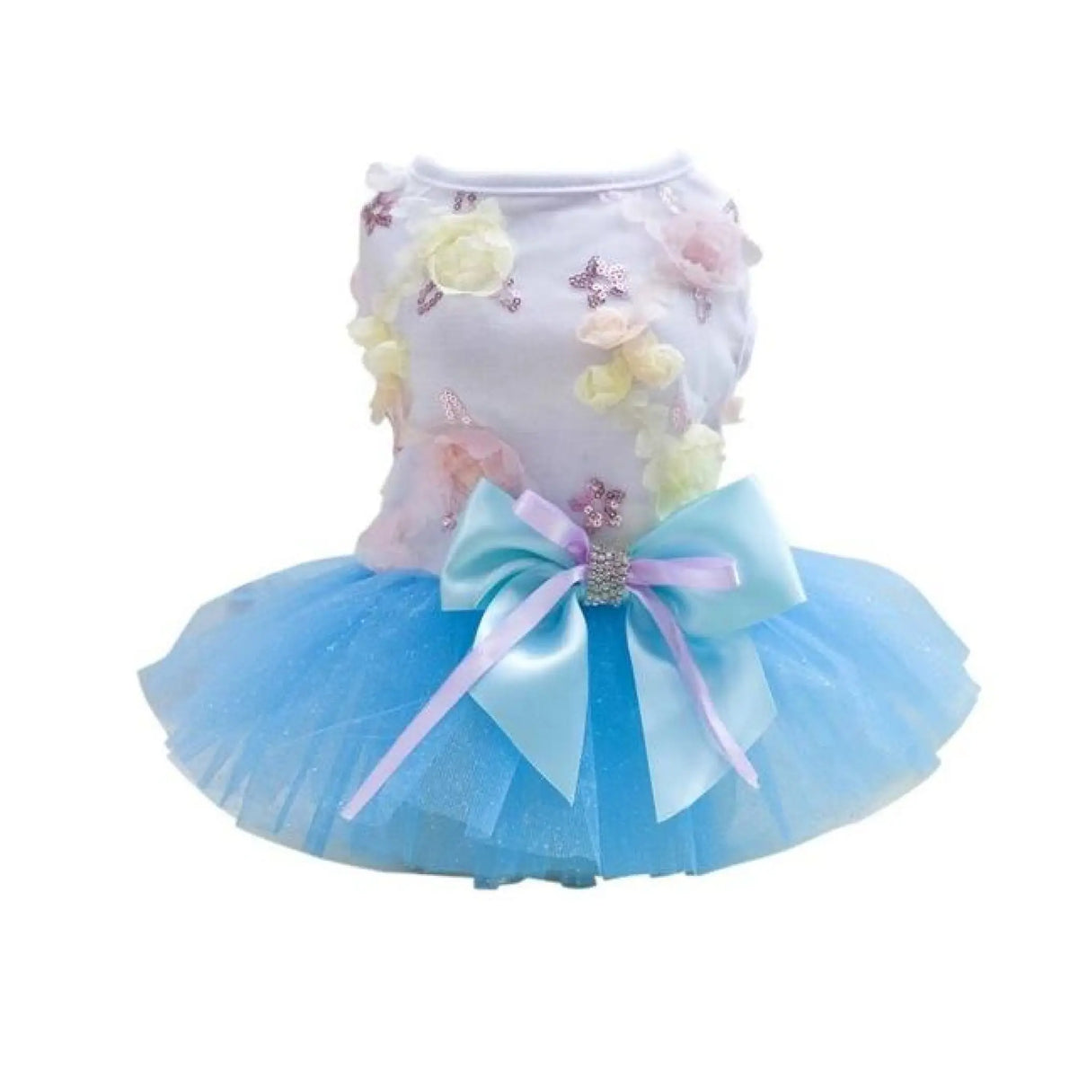 Sky blue floral tutu dog dress with layered tulle skirt and satin bow