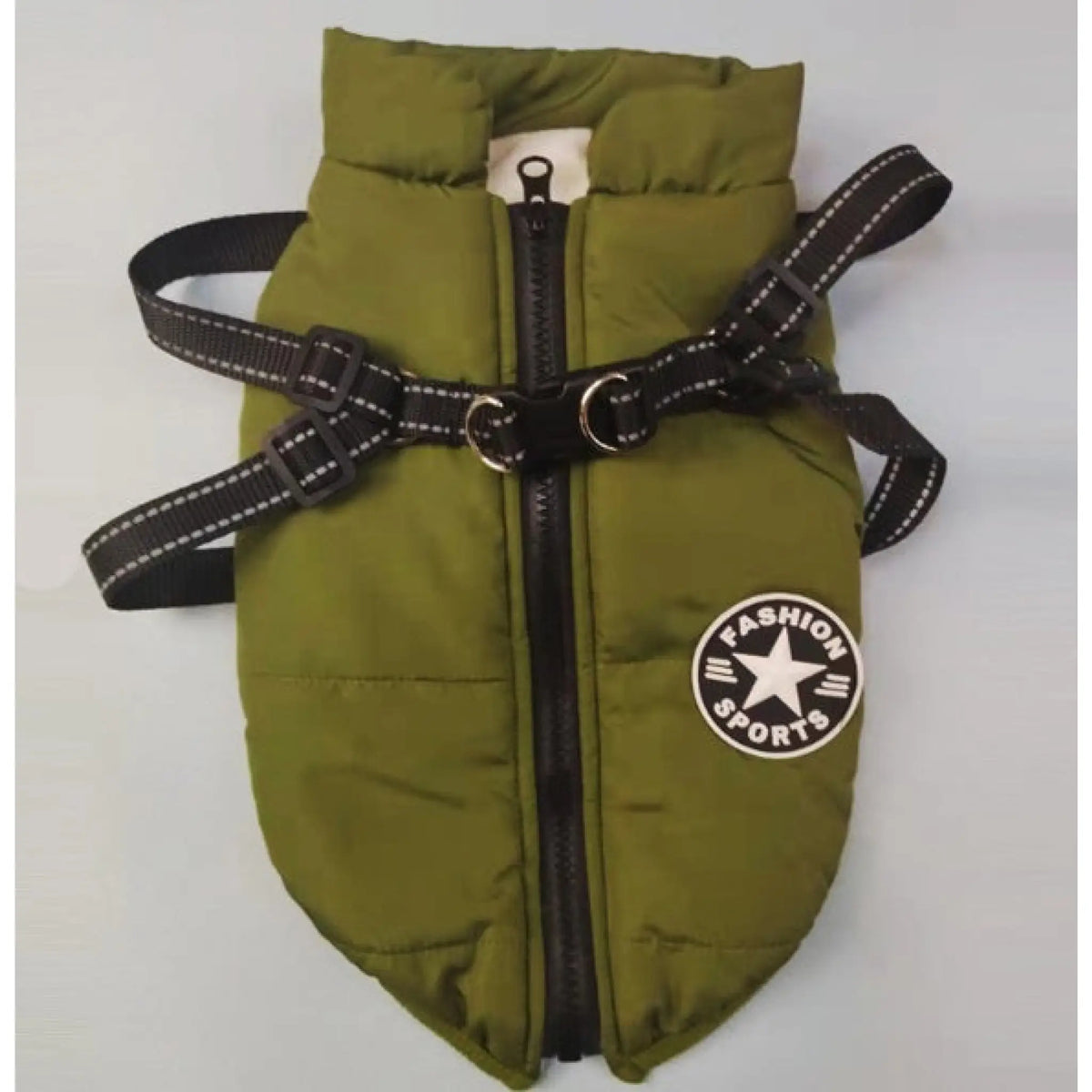 Olive green padded dog coat with adjustable harness straps and zip closure