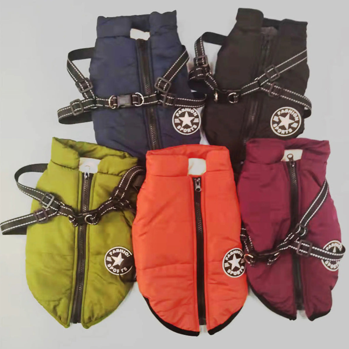 Padded dog coats with built-in harness in navy blue, black, olive green, orange red and burgundy