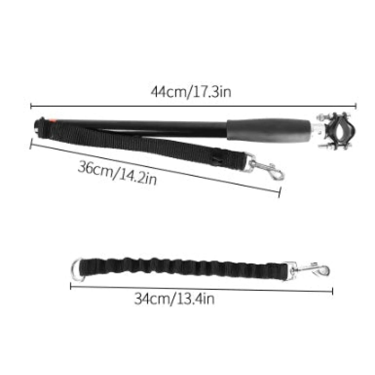 Bicycle dog leash dimensions: 44 cm rod, 36 cm strap and 34 cm bungee leash