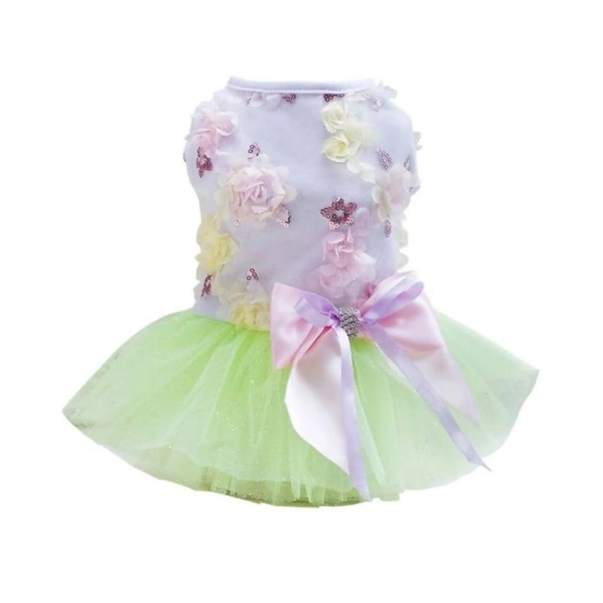 Mint green floral tutu dog dress with layered tulle skirt and bow