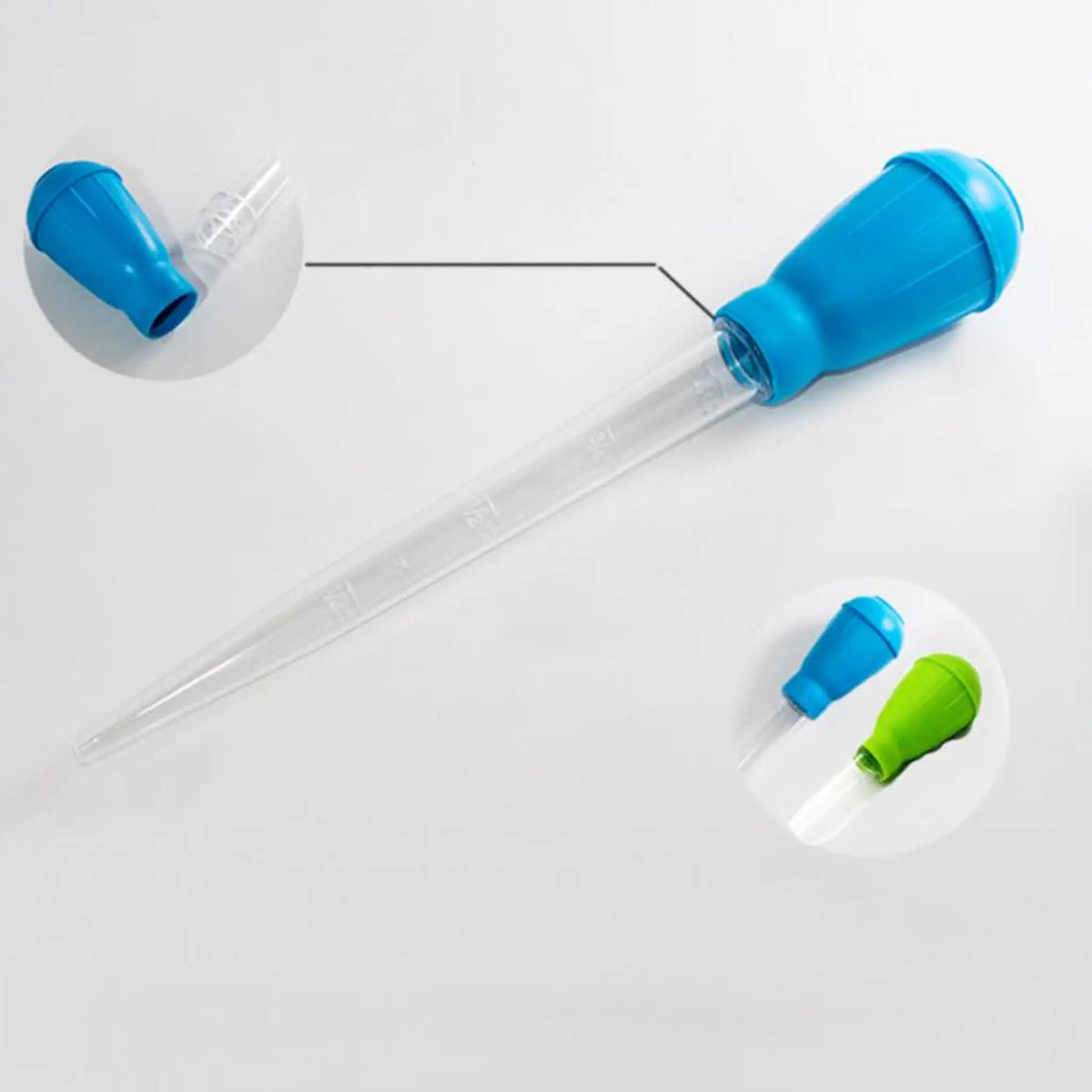 Blue bulb aquarium water changer siphon with clear graduated tube on white background