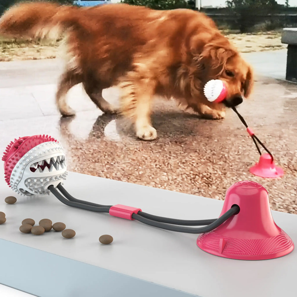 Suction cup dog chew toy with tug rope and treat ball product detail