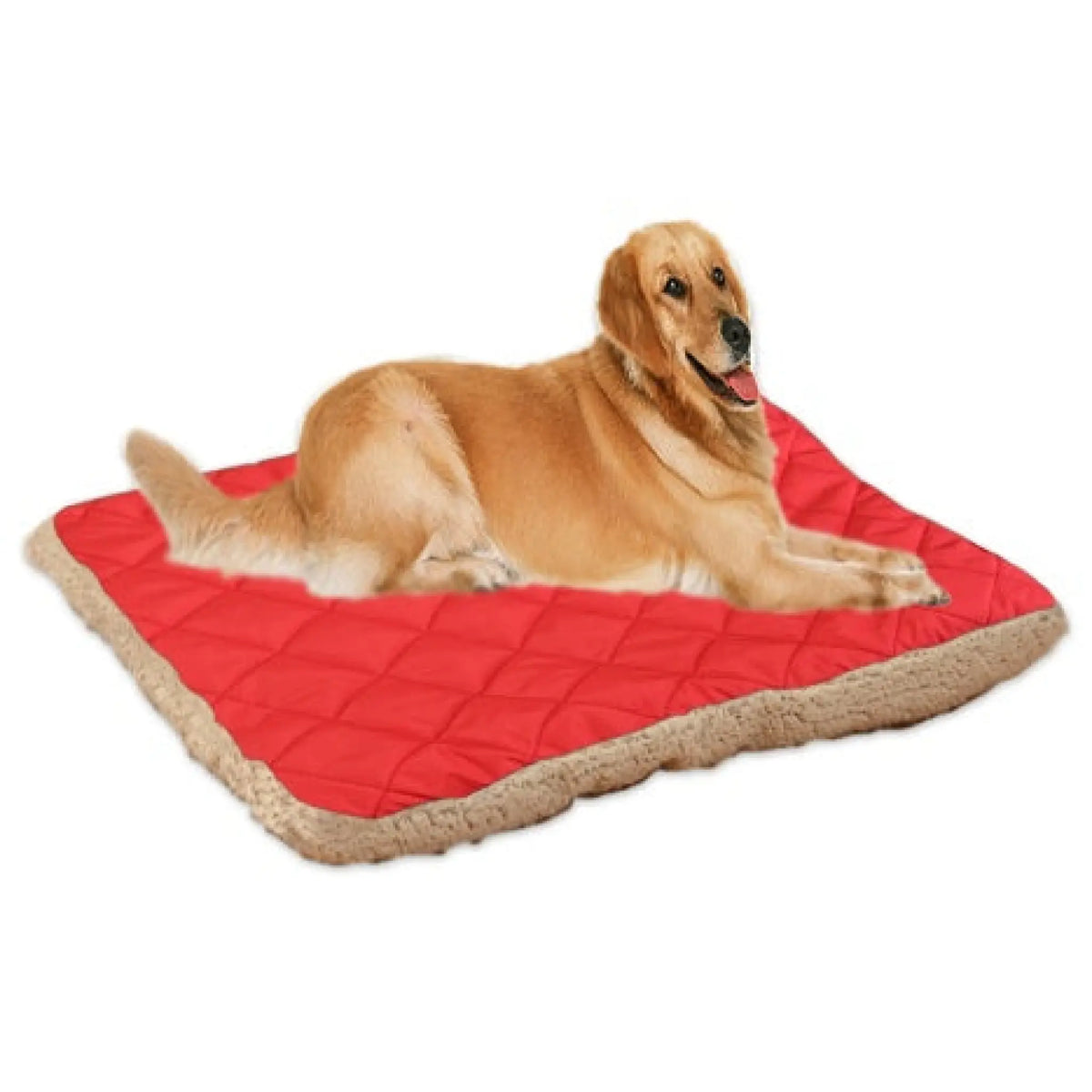Golden retriever relaxing on a red quilted pet bed mat with cream plush fleece trim