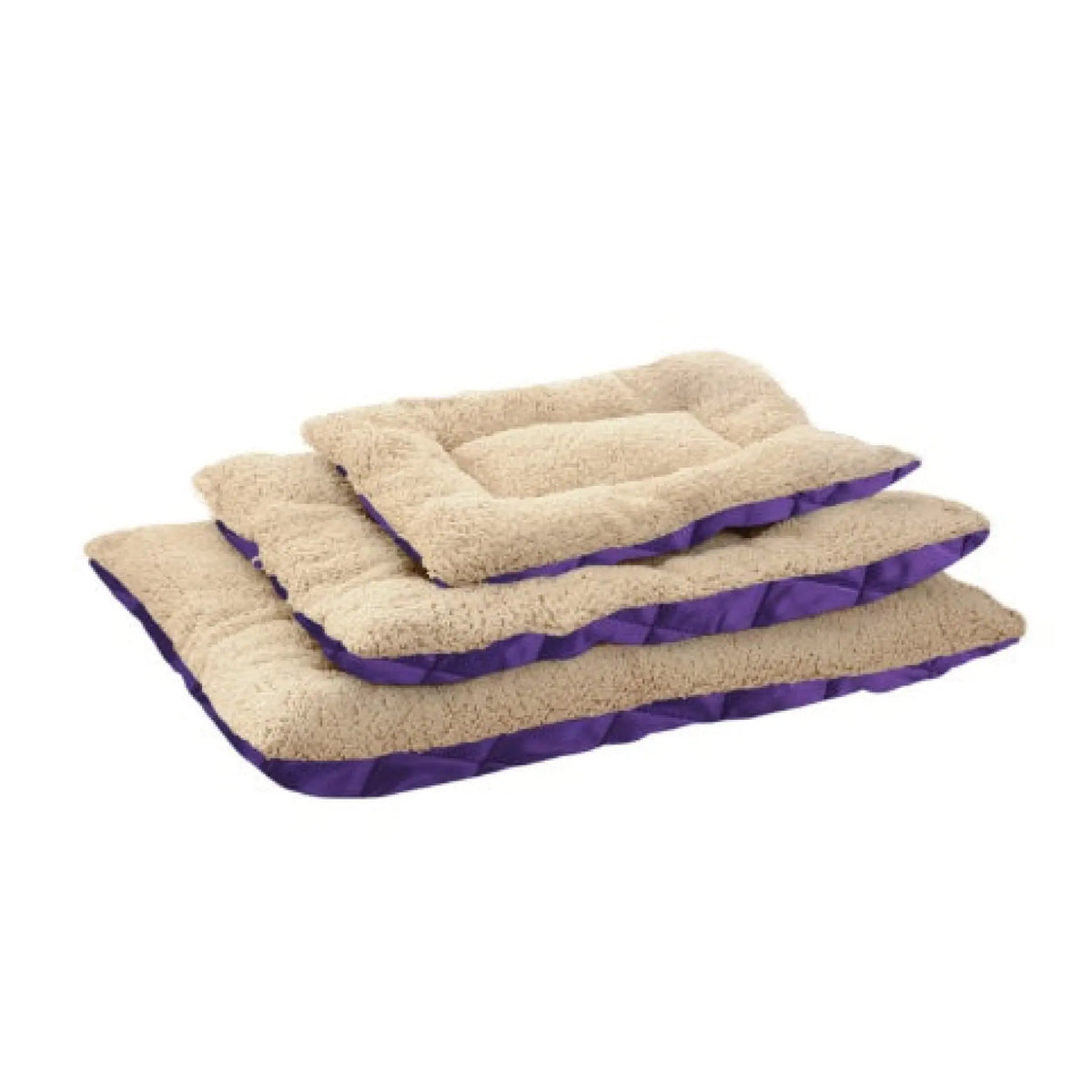 Three sizes of reversible plush pet bed mats stacked with purple quilted underside