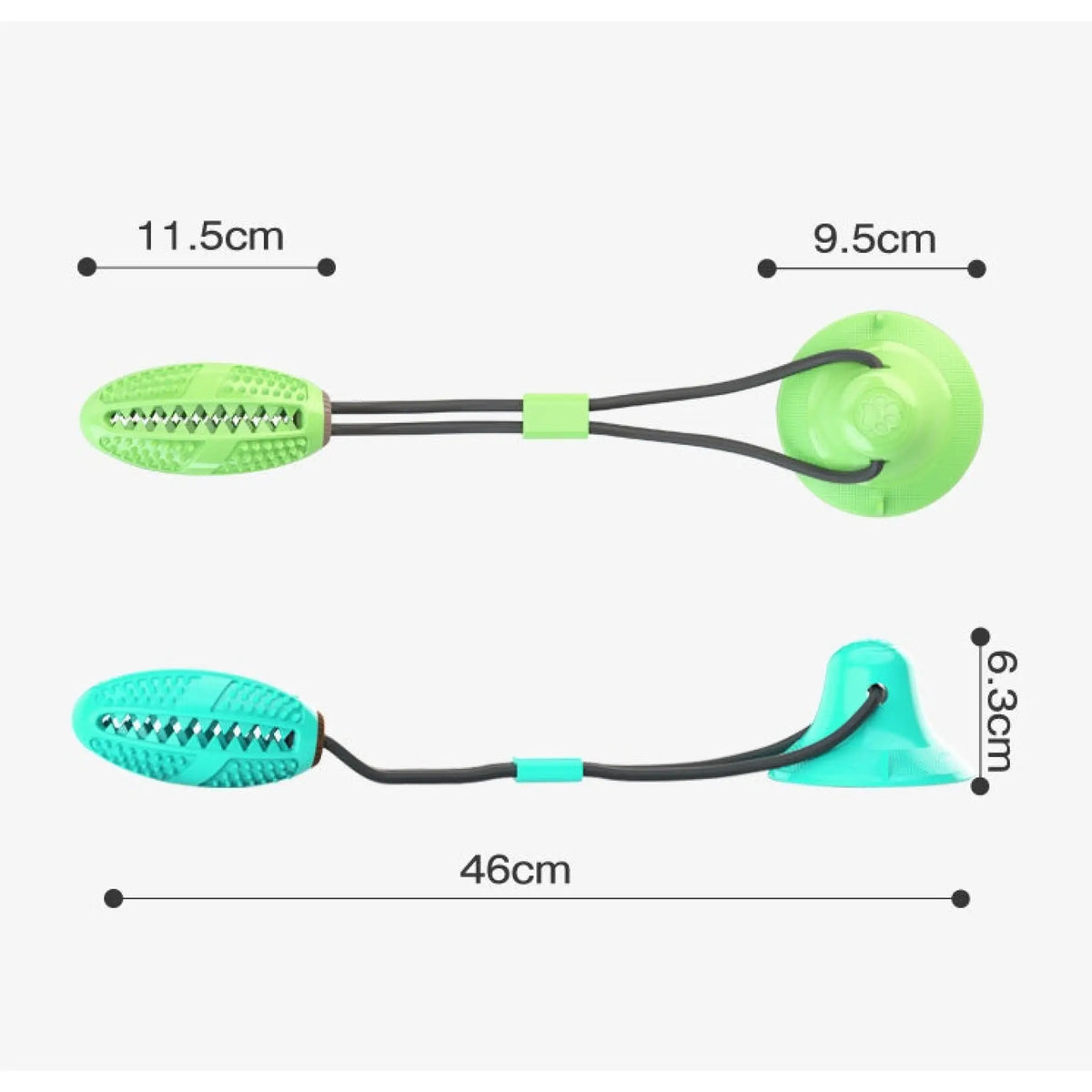 Football-shaped green suction cup dog toy size chart showing 46 cm length and 9.5 cm base