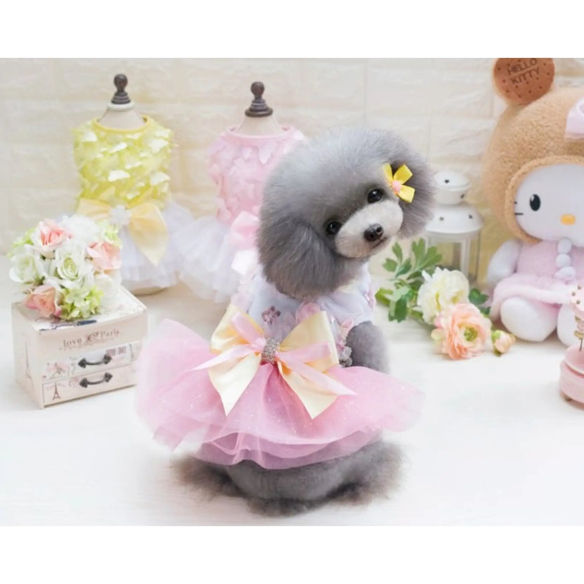 Grey poodle wearing pink floral tutu dog dress with yellow bow