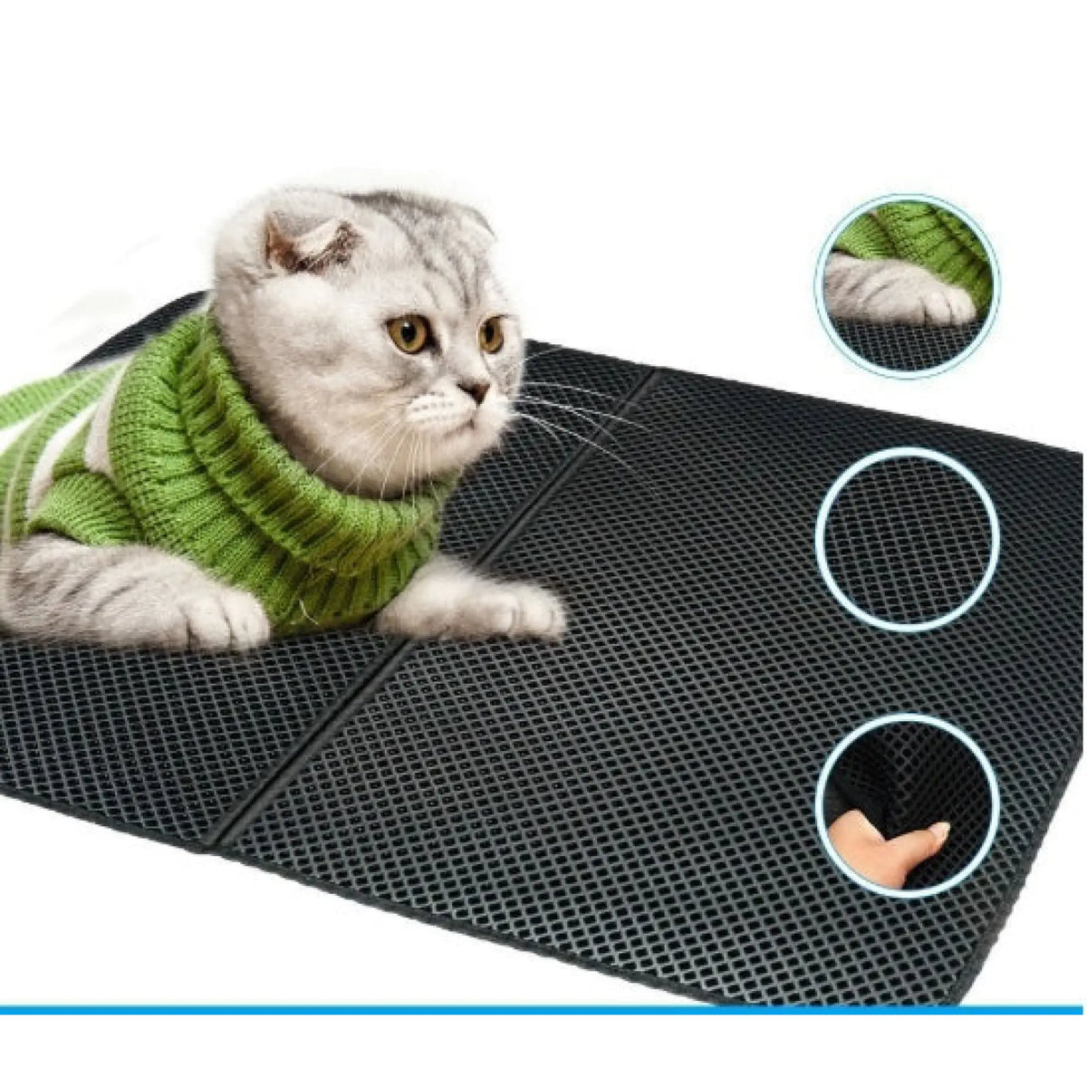 Cat lying on a black honeycomb EVA litter mat with close-ups of the textured surface