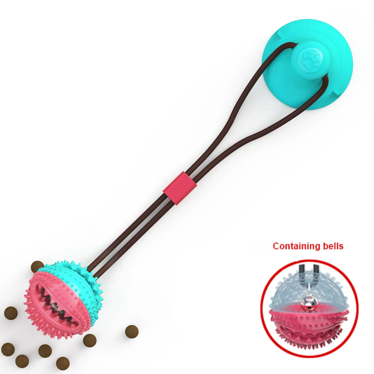 Zovipaw suction cup dog chew toy with teal base, rope tether and spiky pink ball with bells on white background
