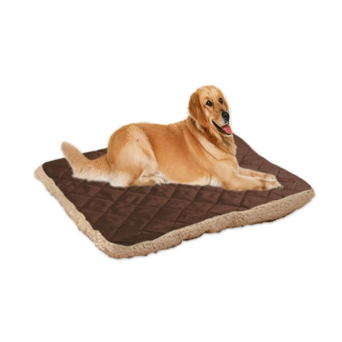 Golden retriever lying on a dark coffee brown quilted pet bed mat with plush fleece edge