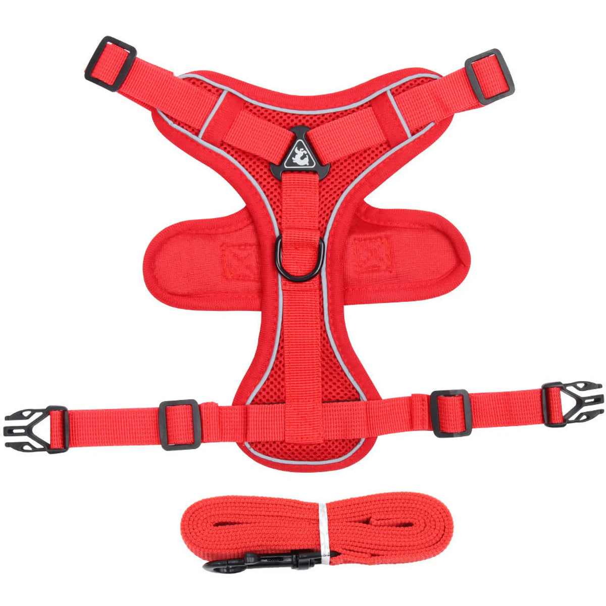 Red mesh cat harness flat lay with matching leash
