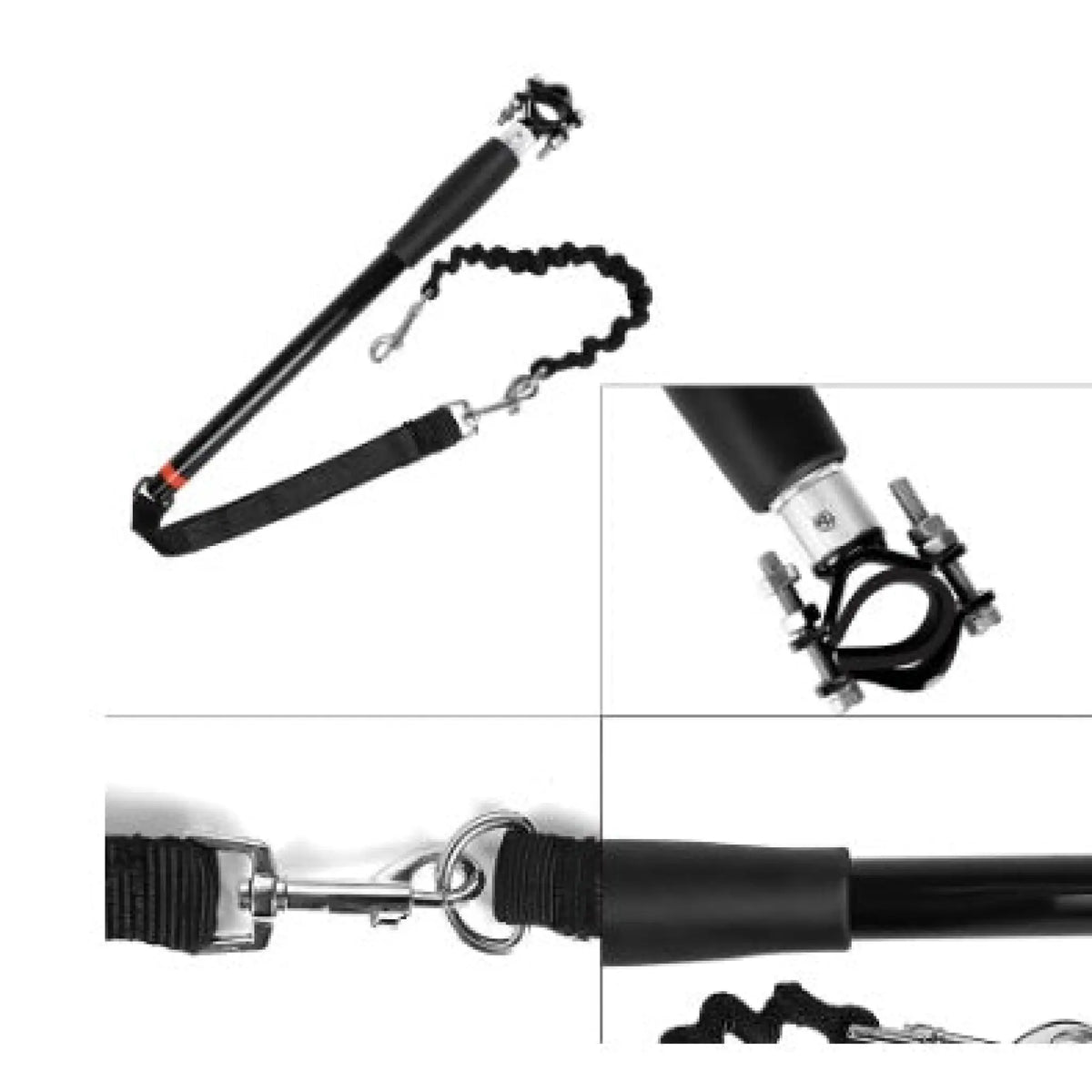 Bicycle dog leash close-ups of the stainless steel clamp, snap hook and silicone handle