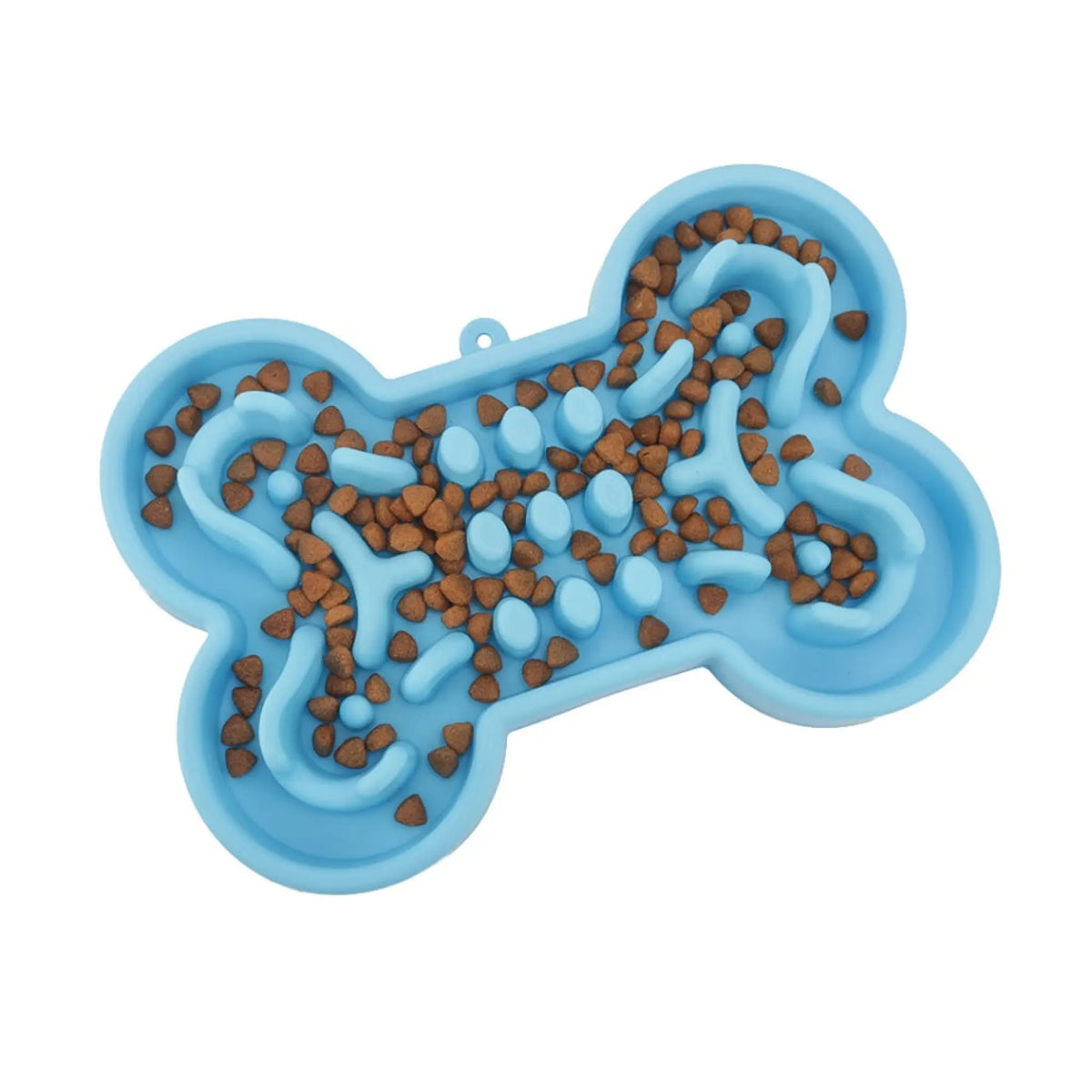 Zovipaw Sky Blue Bone-Shaped Silicone Slow Feeder Dog Bowl filled with kibble