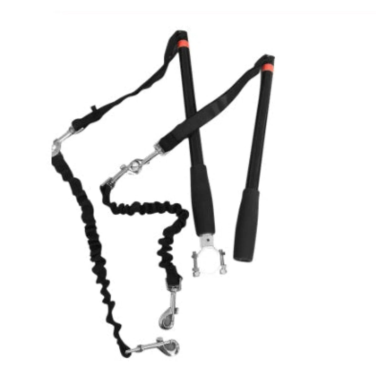 Two black bicycle dog leashes with stainless steel clamps and stretchy bungee leads laid out
