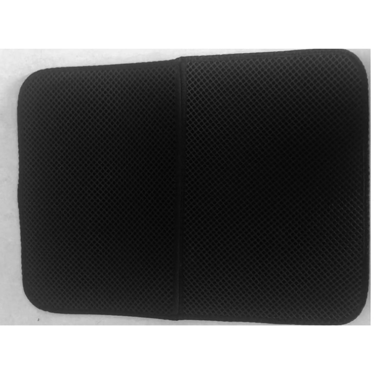 Top view of a black double-layer EVA cat litter mat with center fold line