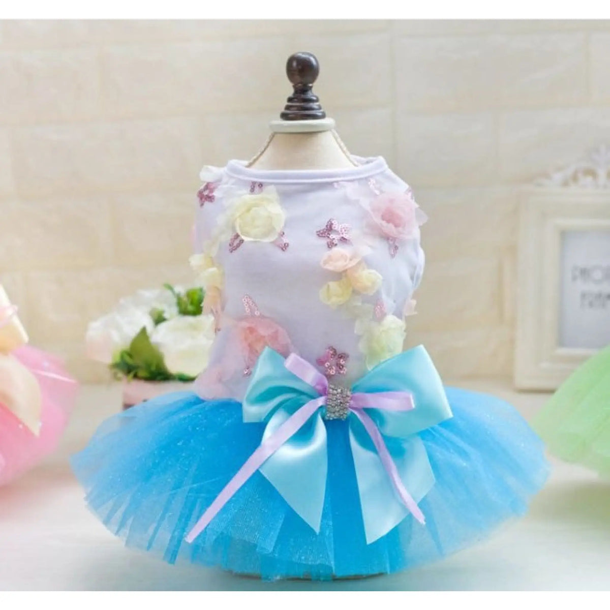 Sky blue floral tutu dog dress with blue satin bow and rhinestone center