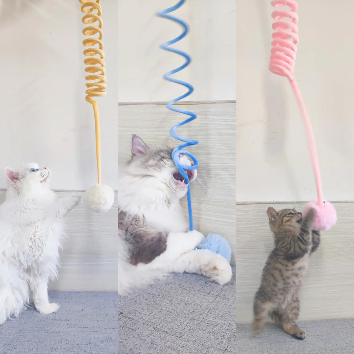 Hanging spring cat toy with plush pom-pom ball in yellow, blue and pink being played with by cats