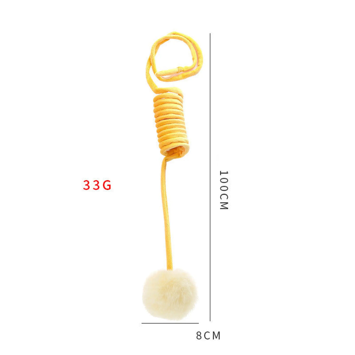 Yellow hanging spring cat toy with cream pom-pom ball for indoor interactive play