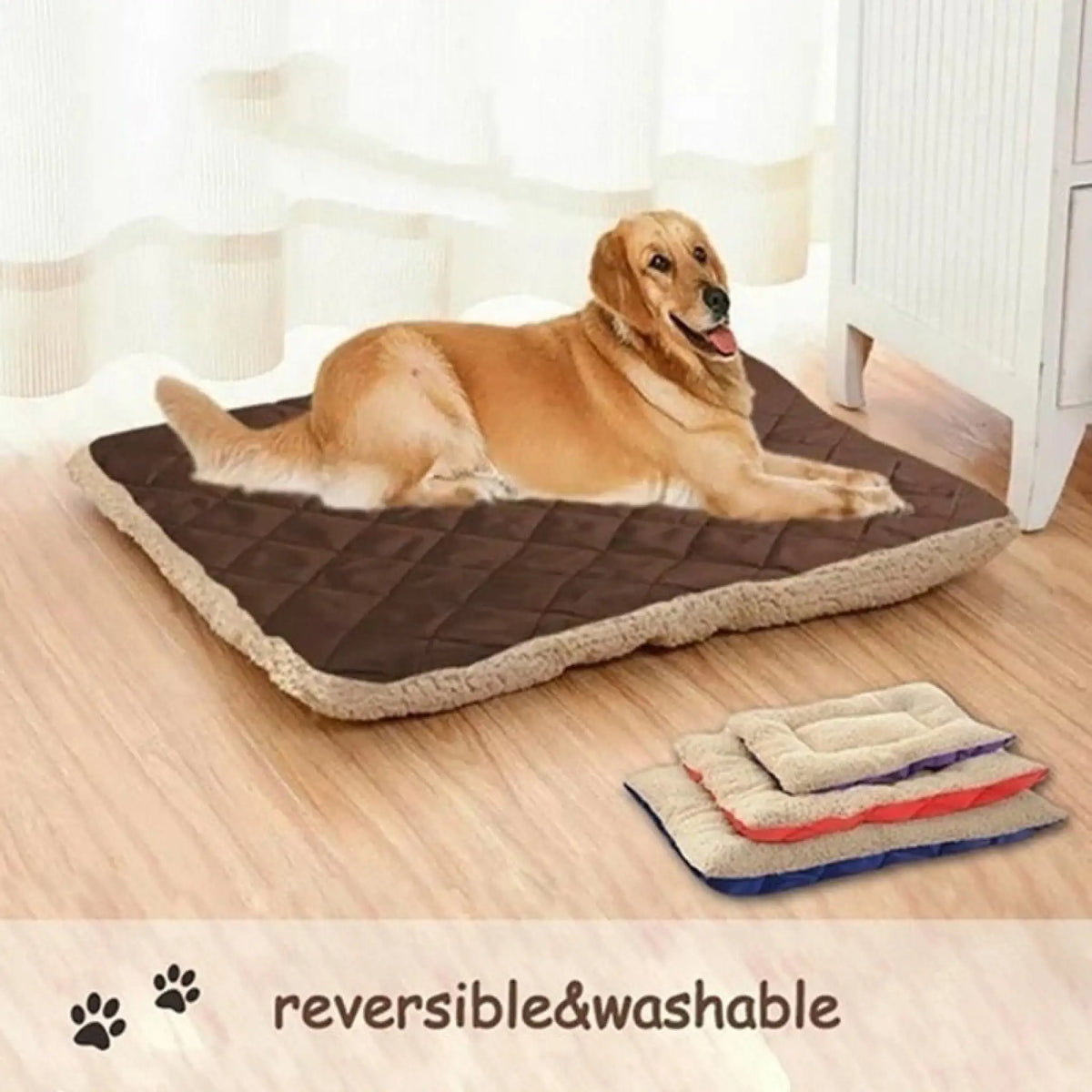 Golden retriever lounging on a brown reversible quilted plush pet bed mat with washable label