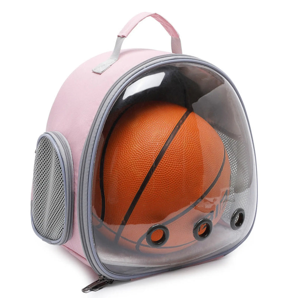 Size comparison of pink bubble pet backpack carrier holding a basketball