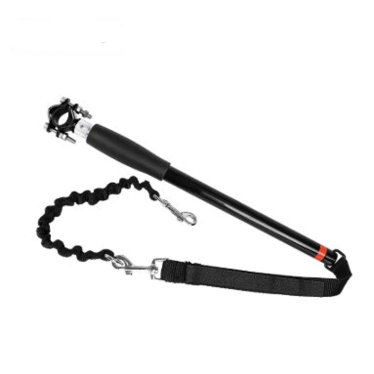 Black hands-free bicycle dog leash with clamp, silicone handle and bungee lead on white background