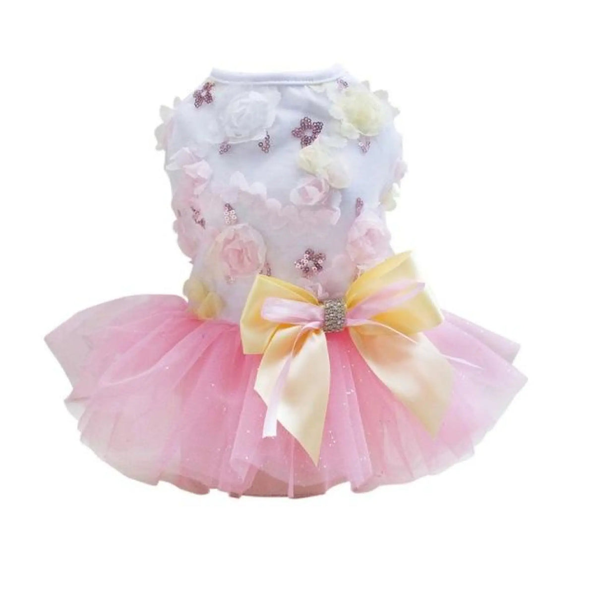 Pink floral tutu dog dress with satin bow, front view