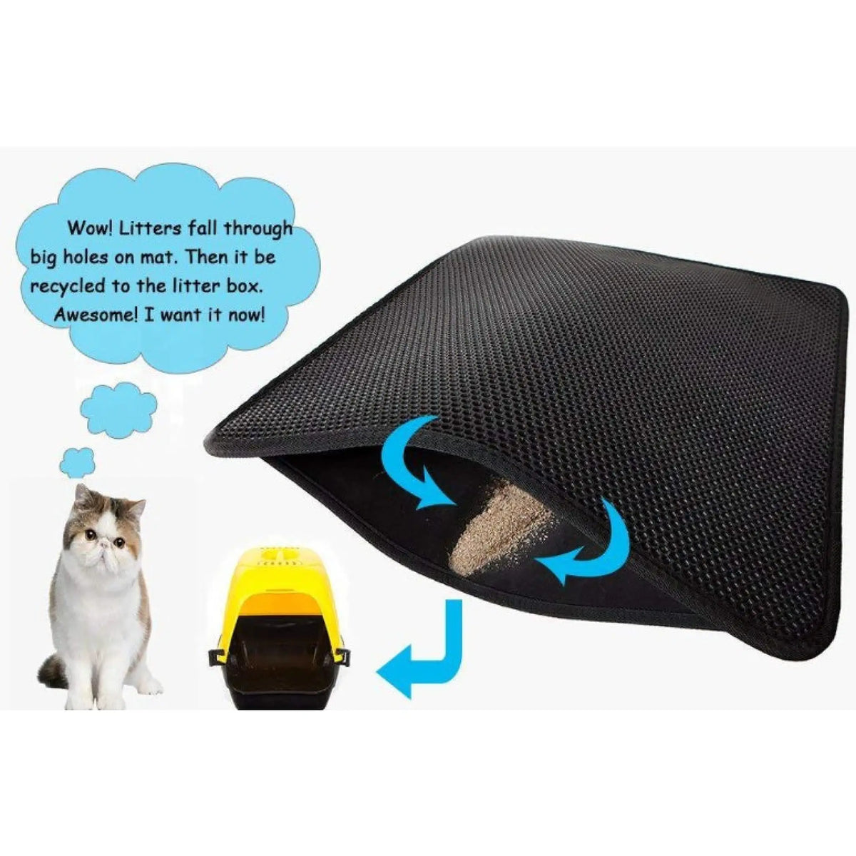 Cat litter mat lifted to show litter trapped under the honeycomb holes and ready to pour back into the litter box