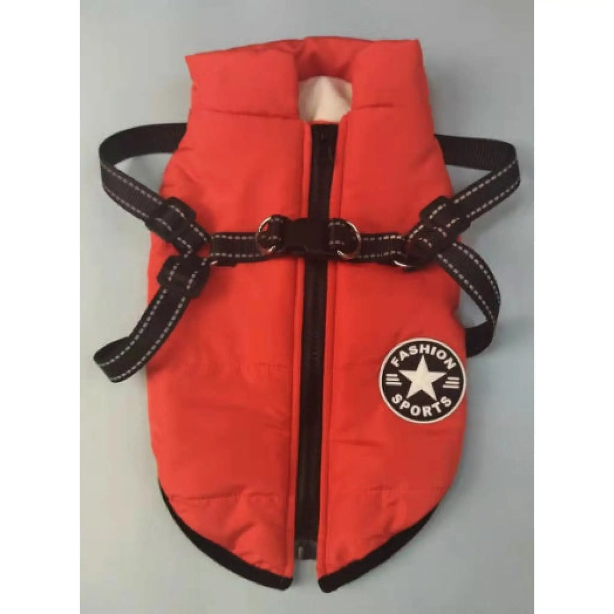 Orange red padded dog coat with built-in harness and leash ring