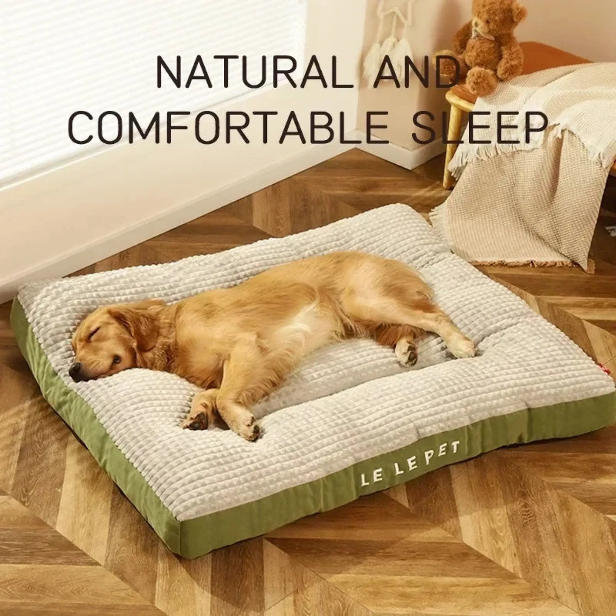 Golden retriever sleeping on a plush olive green fleece dog bed with thick cushioned edges