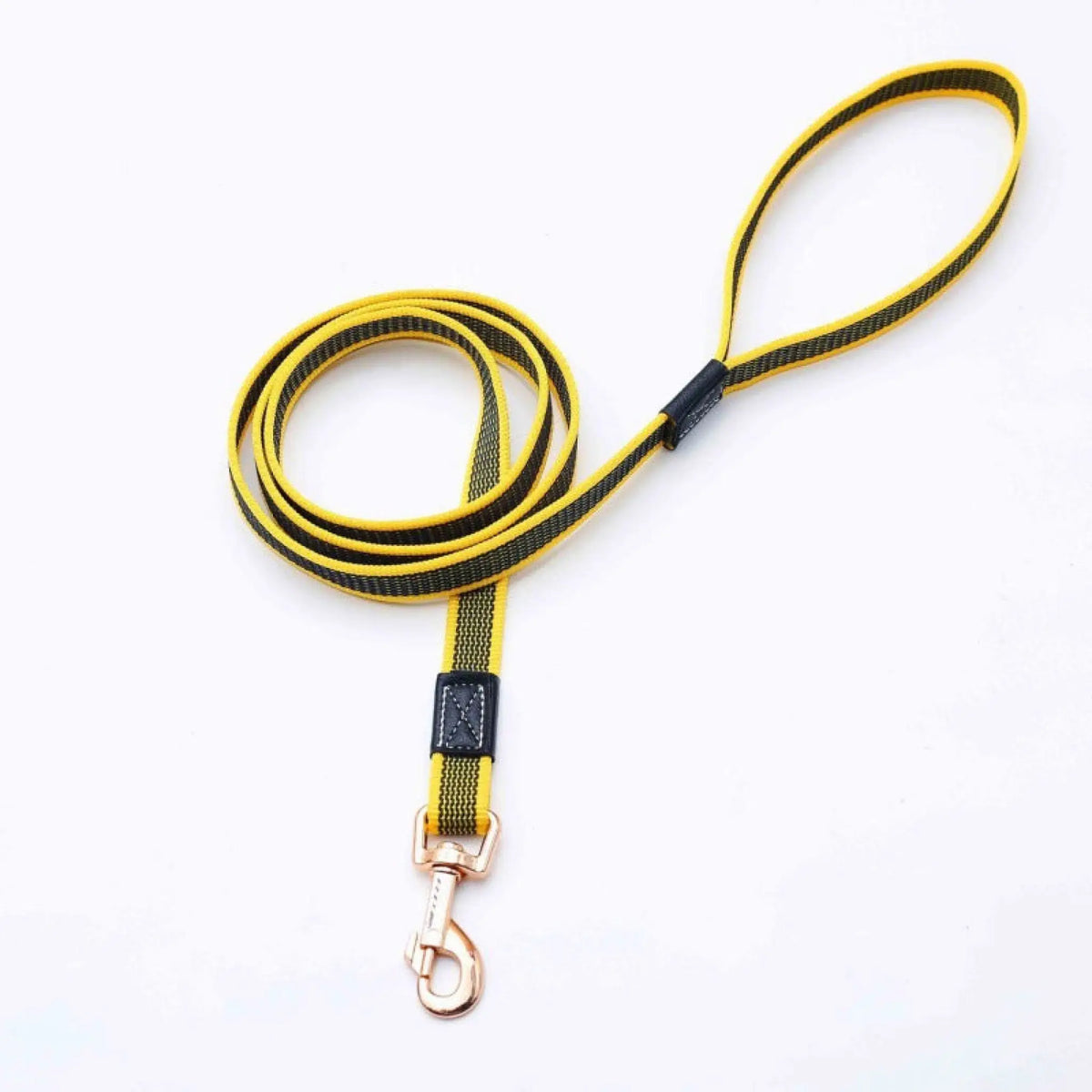 Yellow and black non-slip dog leash with durable webbing and rose gold clip