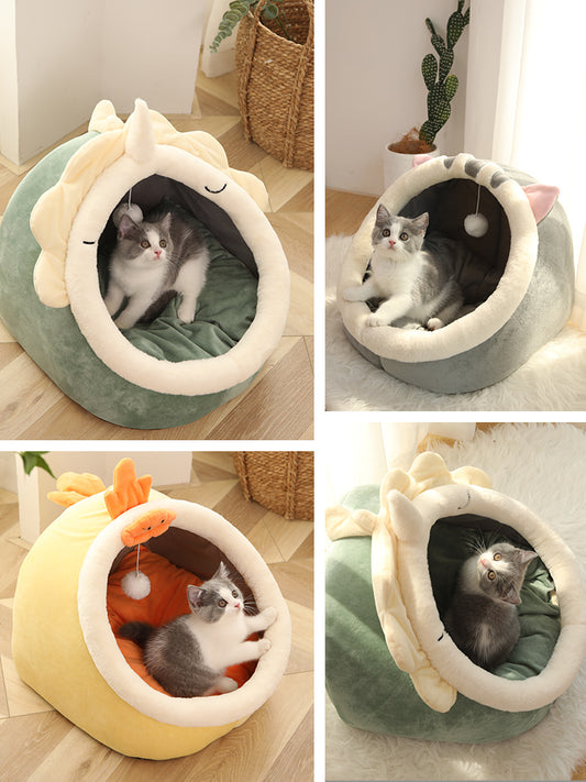 Semi Enclosed Plush Cat Nest Bed Polar Fleece Cushion Indoor Cozy Retreat