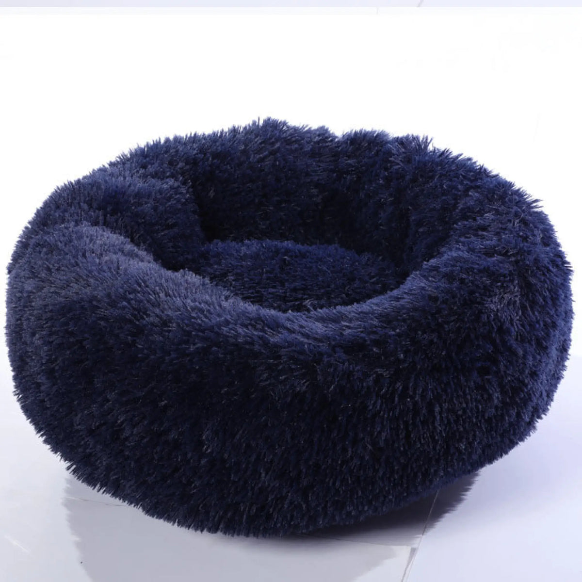 Navy blue fluffy donut pet bed for small dogs and cats, front view