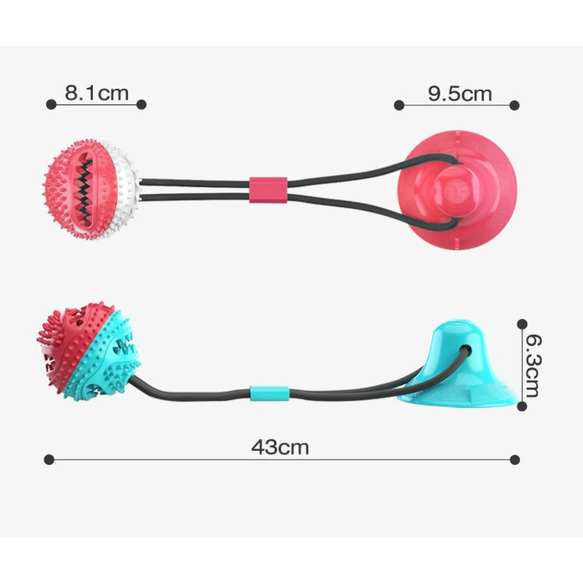 Round ball suction cup dog toy size chart showing 43 cm length and 8.1 cm ball