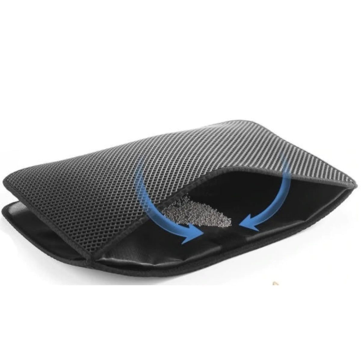 Zovipaw EVA cat litter mat folded open showing litter falling through the honeycomb layer onto the waterproof base