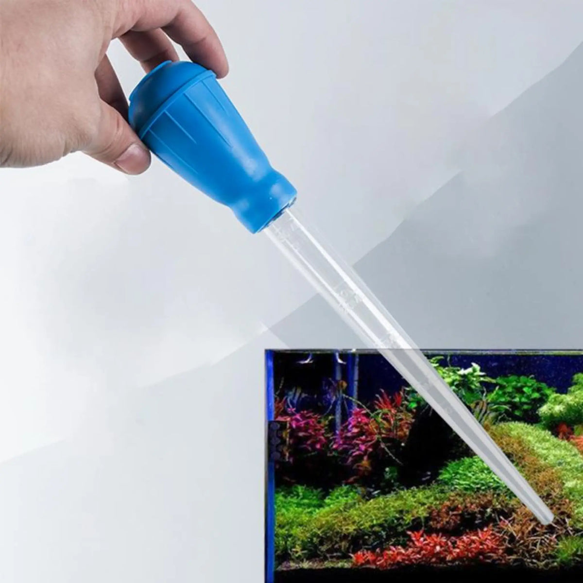 Hand squeezing blue bulb aquarium water changer with clear tube beside planted aquarium