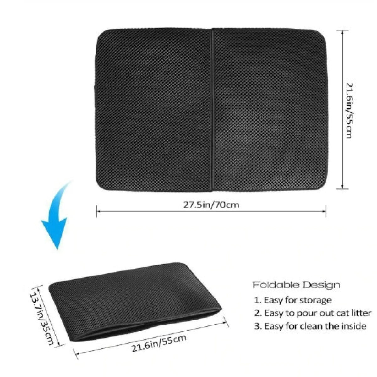 Foldable black cat litter mat size diagram showing 70 x 55 cm unfolded and 55 x 35 cm folded