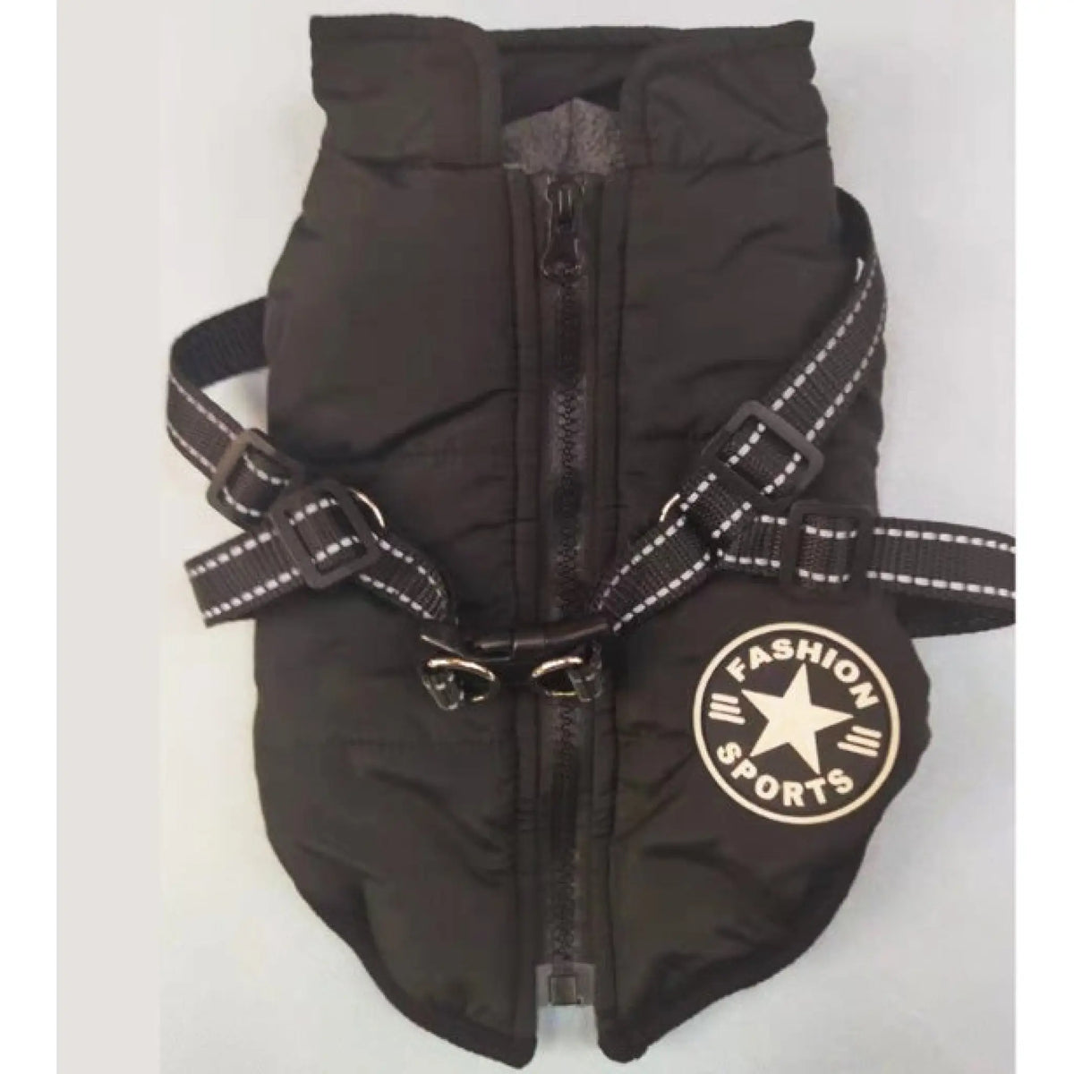 Black padded dog coat with reflective harness straps and front zipper