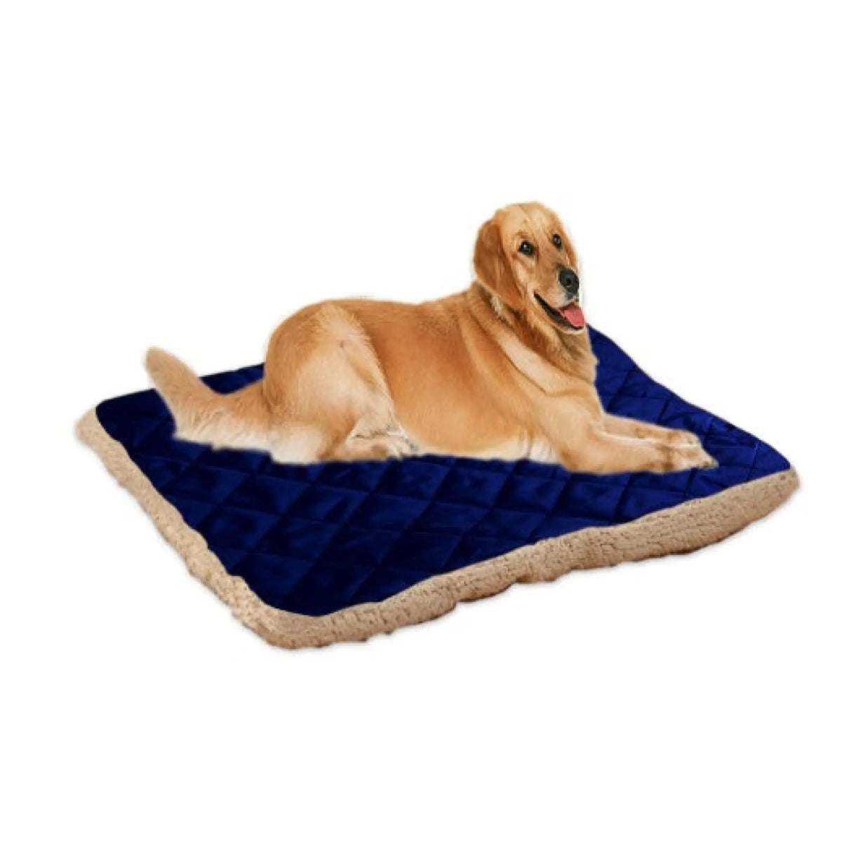 Golden retriever resting on a navy blue quilted pet bed mat with soft plush fleece edge