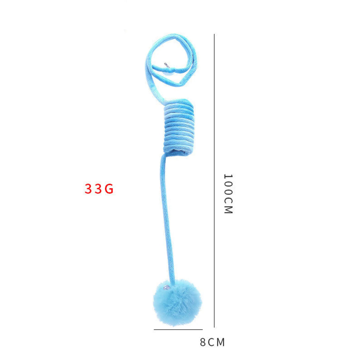 Close-up of coiled light blue spring cat toy with fluffy faux fur pom-pom ball