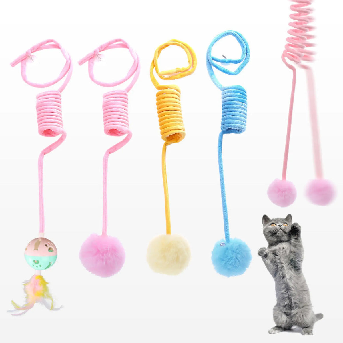 Hanging spring cat toys with plush pom-pom balls in pink, yellow and blue plus bell and feather ball style