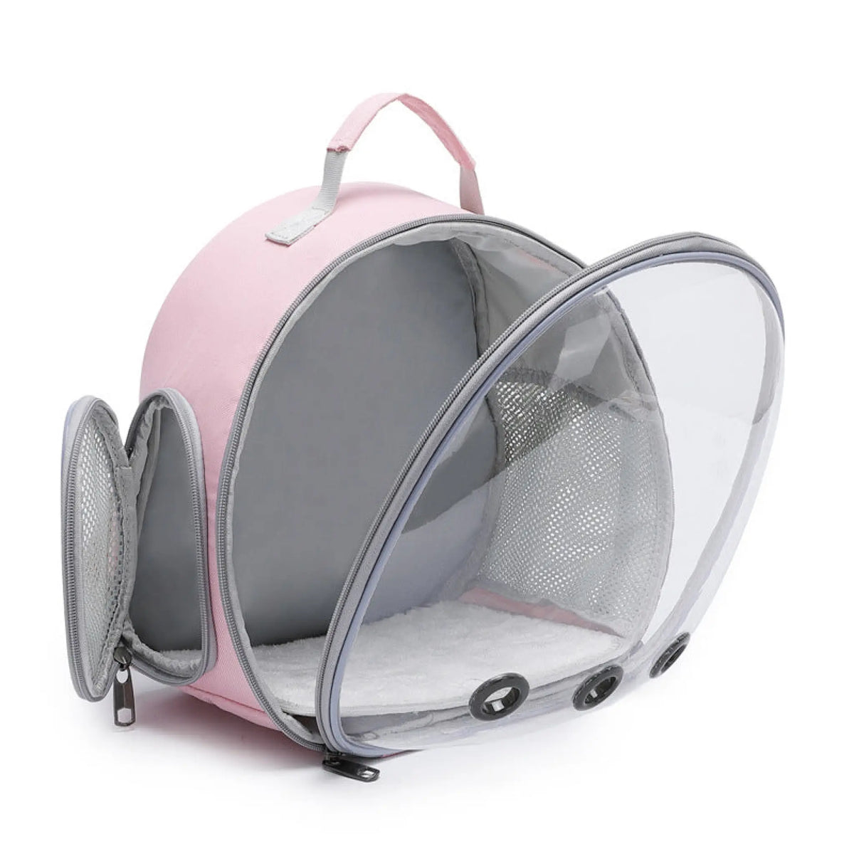 Pet backpack carrier with open bubble window, side mesh door and plush removable pad