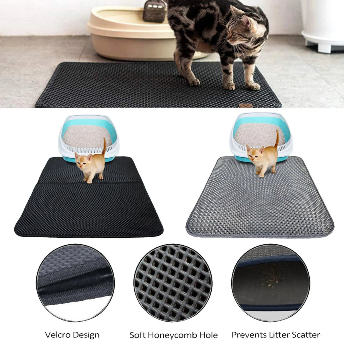 Black and gray double-layer EVA cat litter mats with Velcro edge, soft honeycomb holes and litter scatter prevention