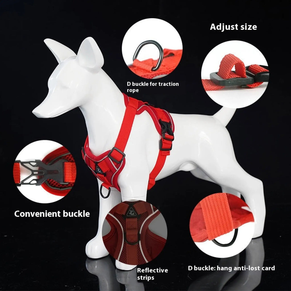 Red adjustable cat harness with D-ring, quick-release buckle and reflective strip details