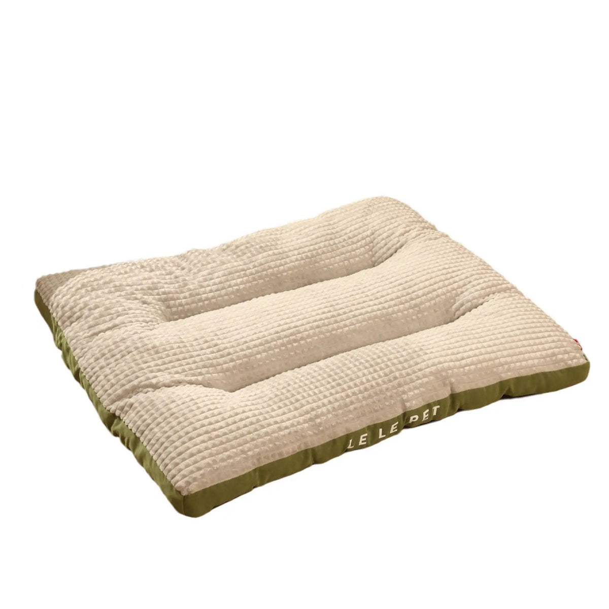 Olive green fleece pet bed cushion mat on white studio background