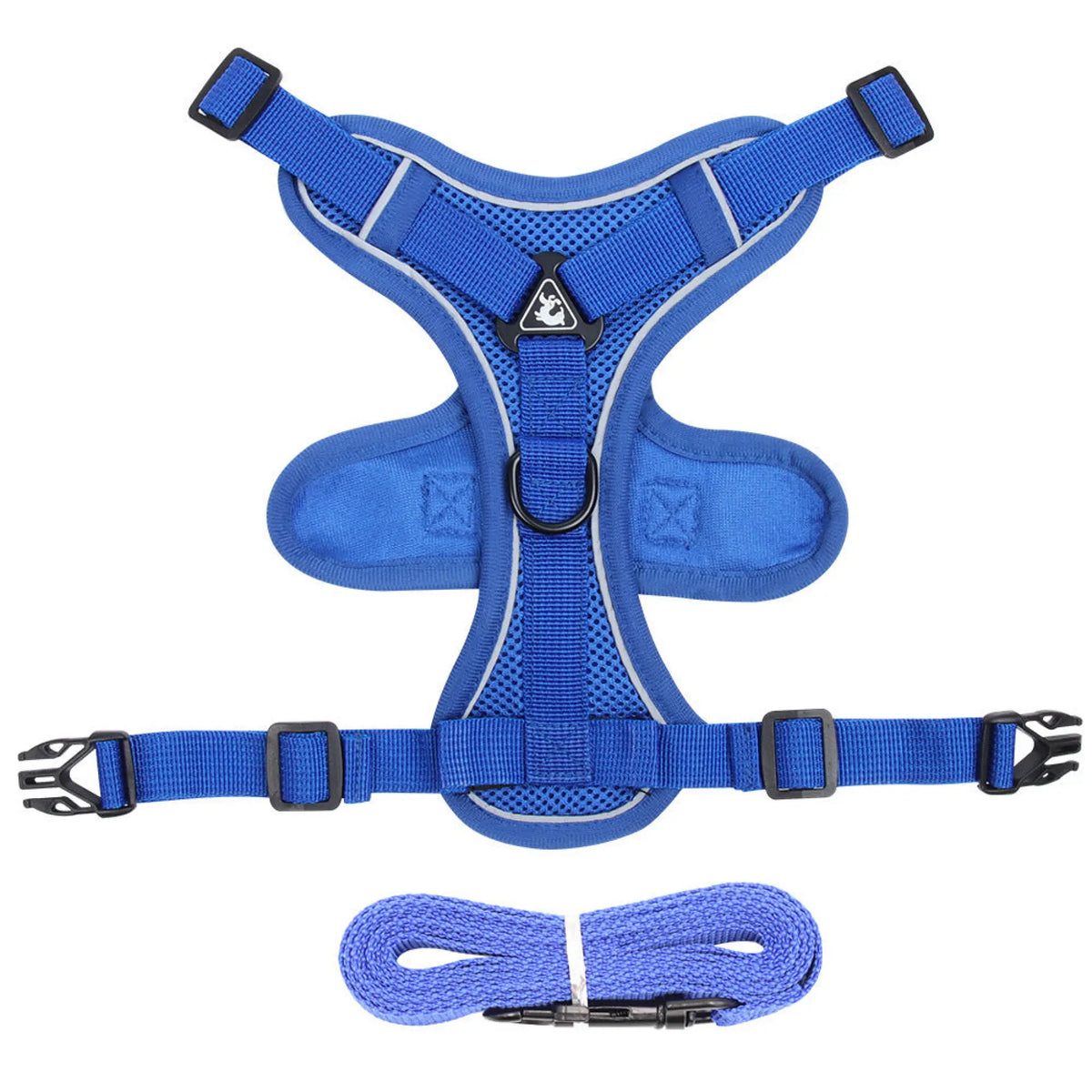 Royal blue mesh cat harness flat lay with matching leash