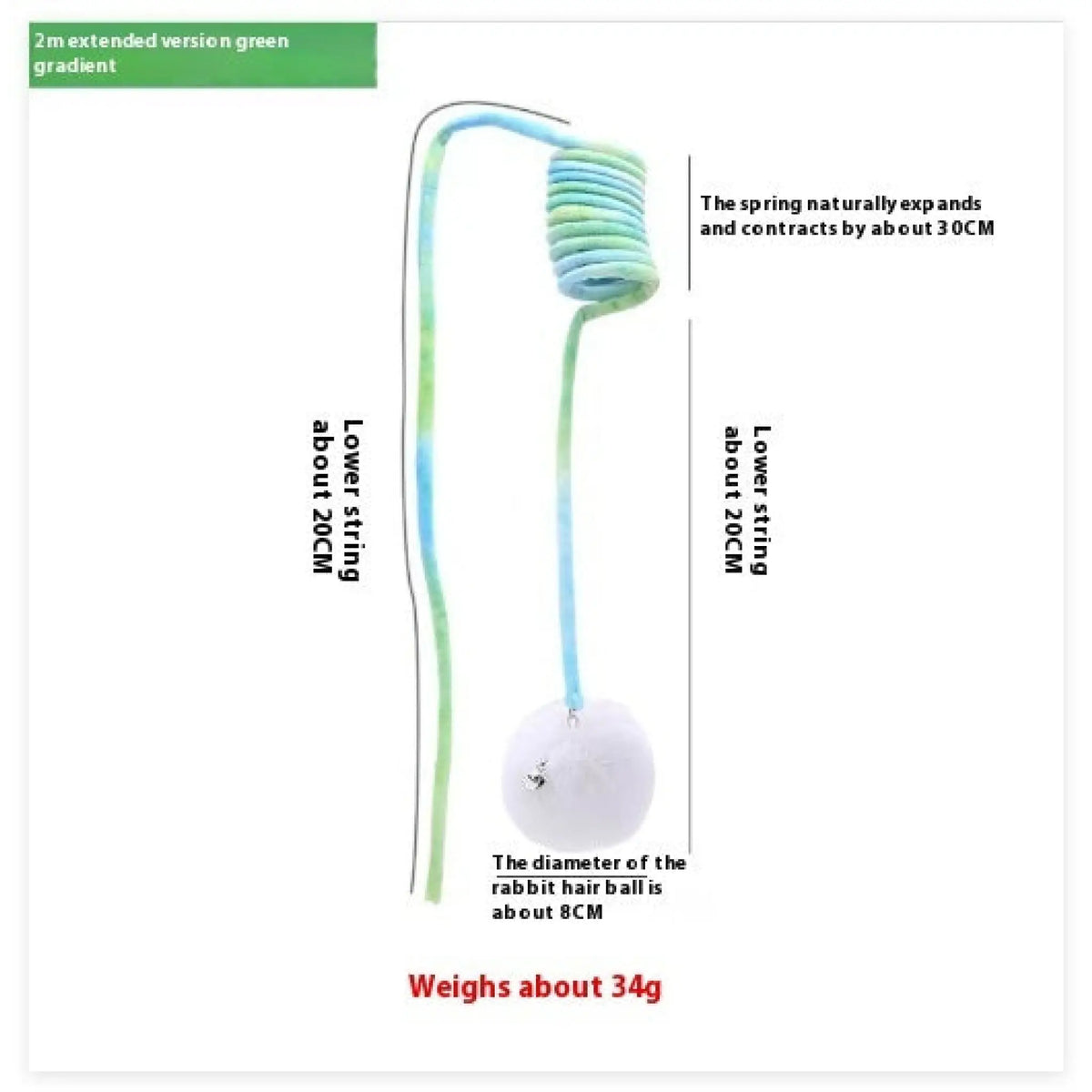 Green gradient spring cat toy dimensions: 30 cm expandable spring, 20 cm lower string, 8 cm ball