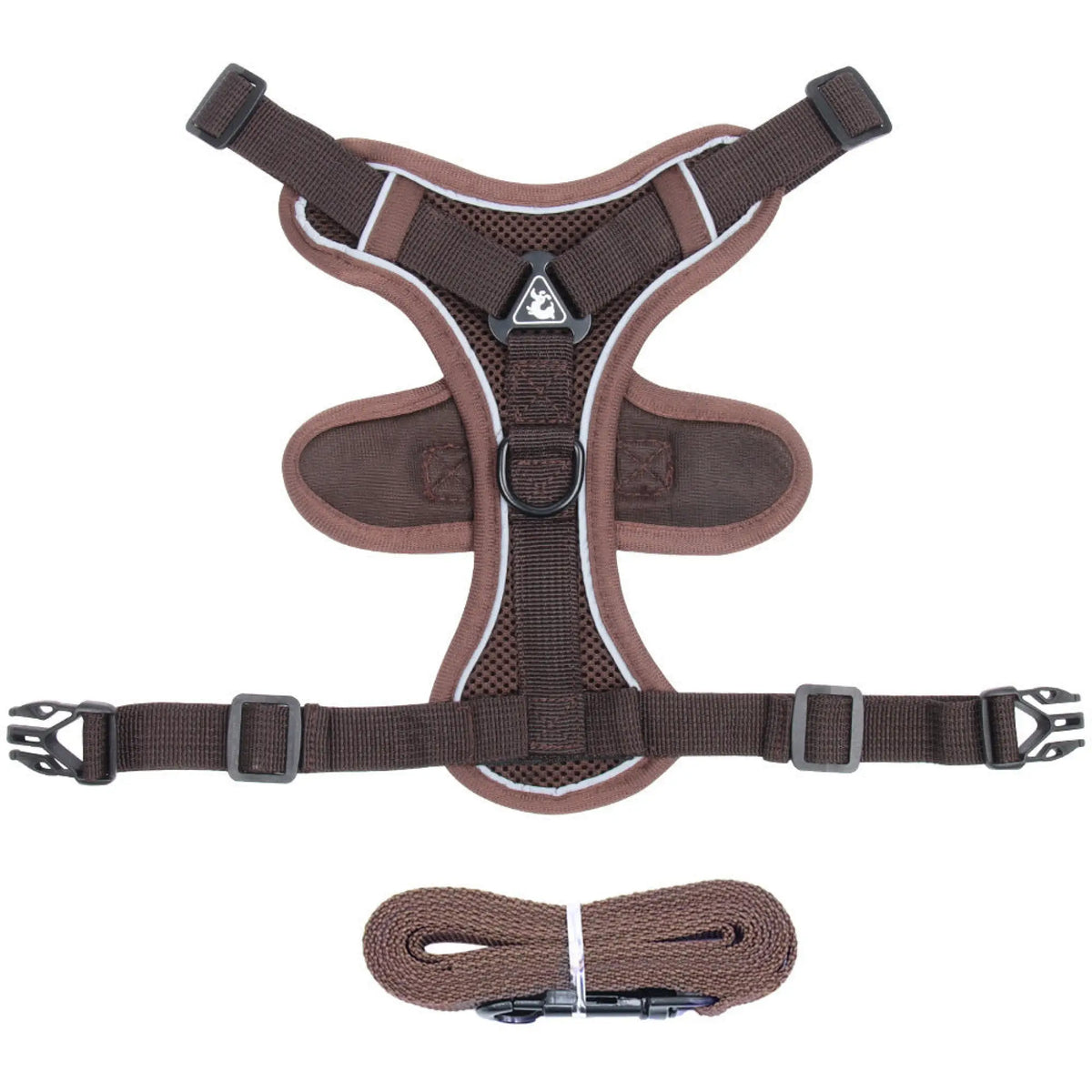 Brown mesh cat harness flat lay with matching leash