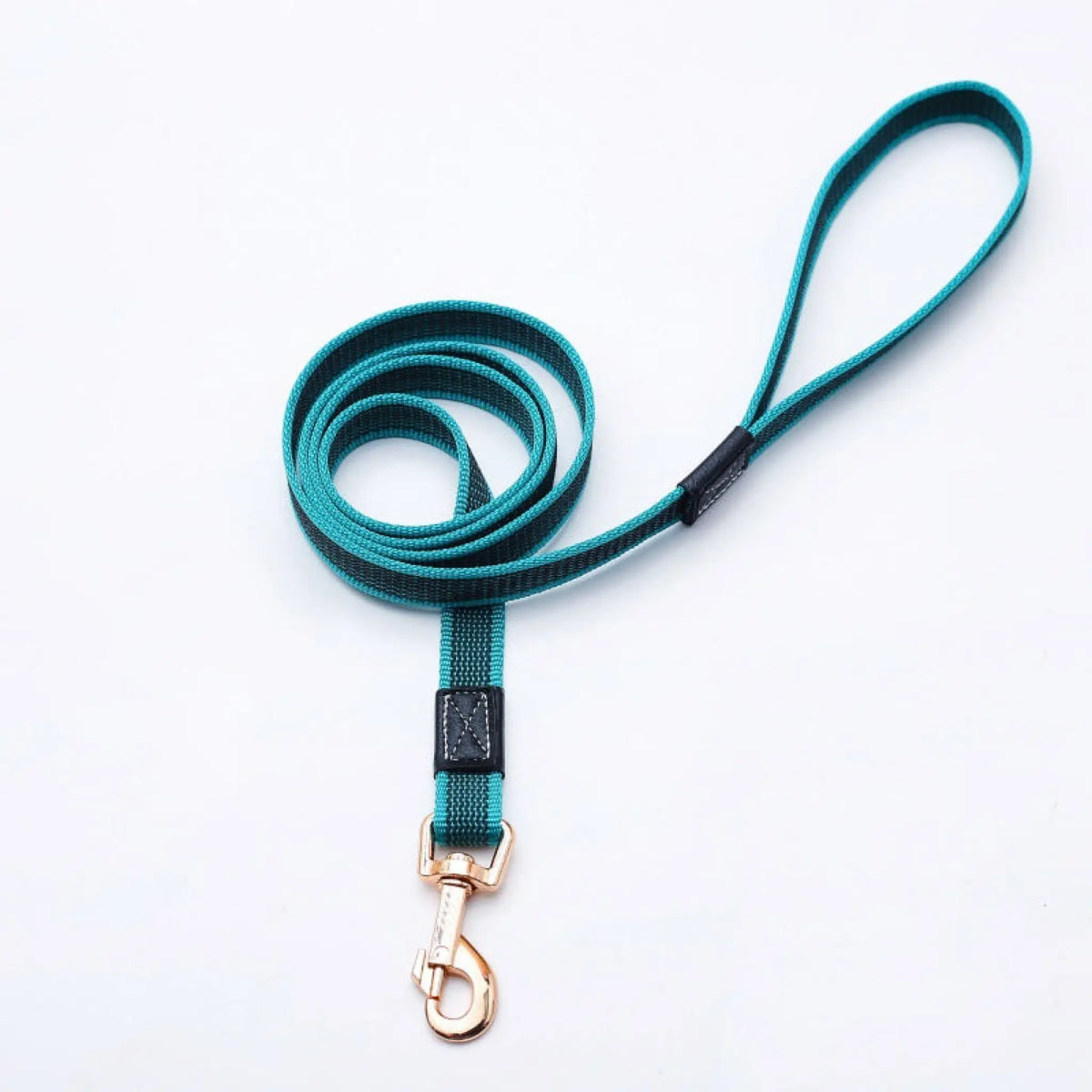 Teal green non-slip dog leash with looped handle and rose gold snap hook